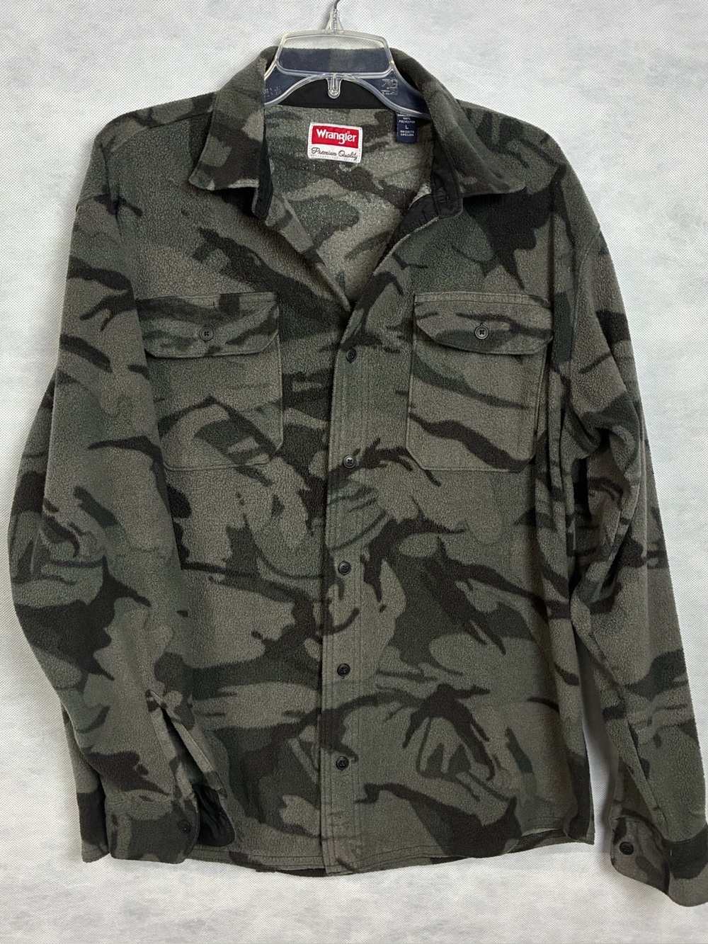Wrangler Camo Fleece Shirt Jacket Mens Large Black Gray Camouflage